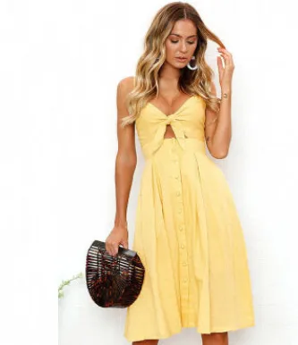 Buttoned Bow Back Sexy Strap Dress Summer