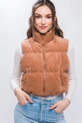 Camel Corduroy Zip Up Puffer Vest