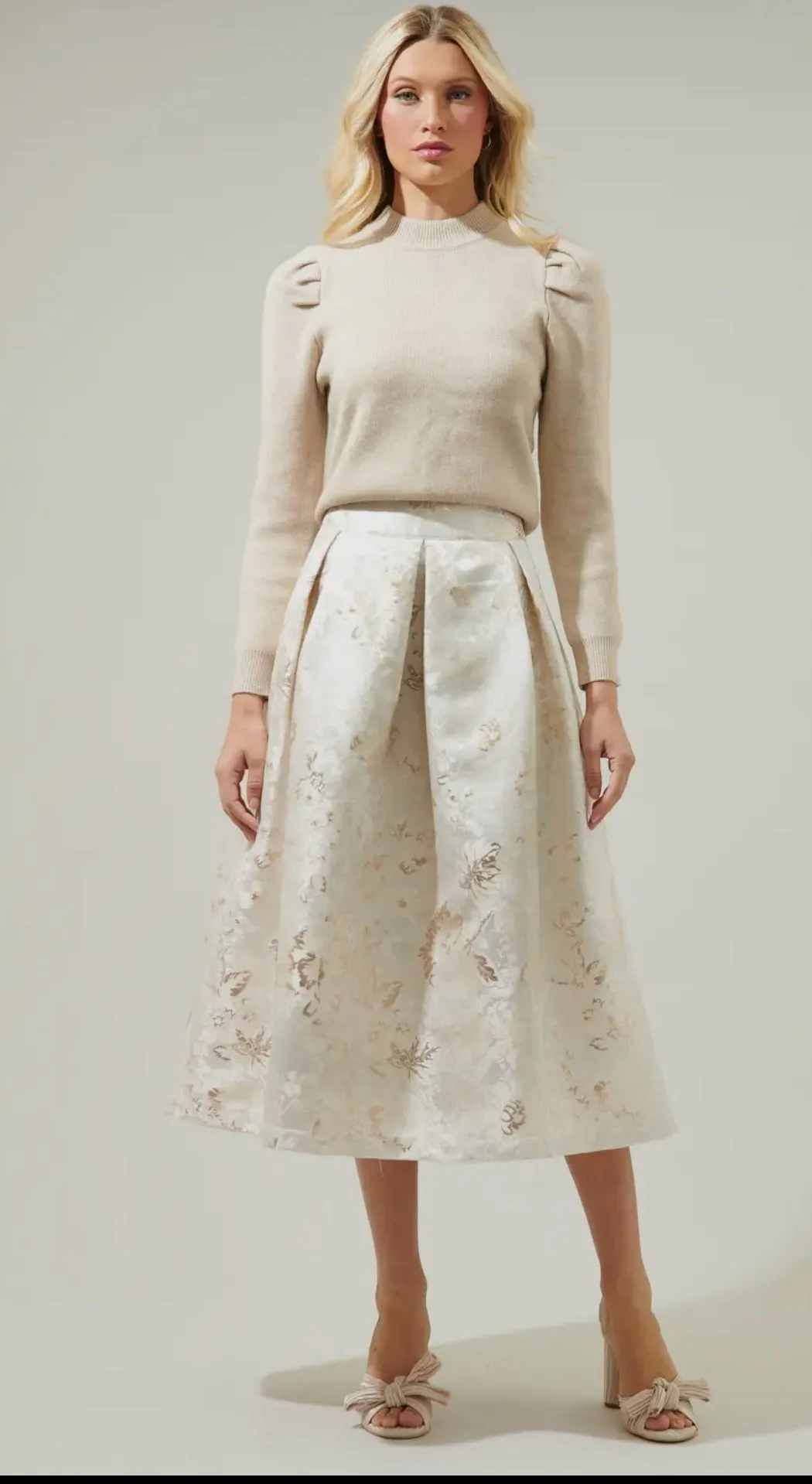 Champagne Jacquard Pleated Skirt