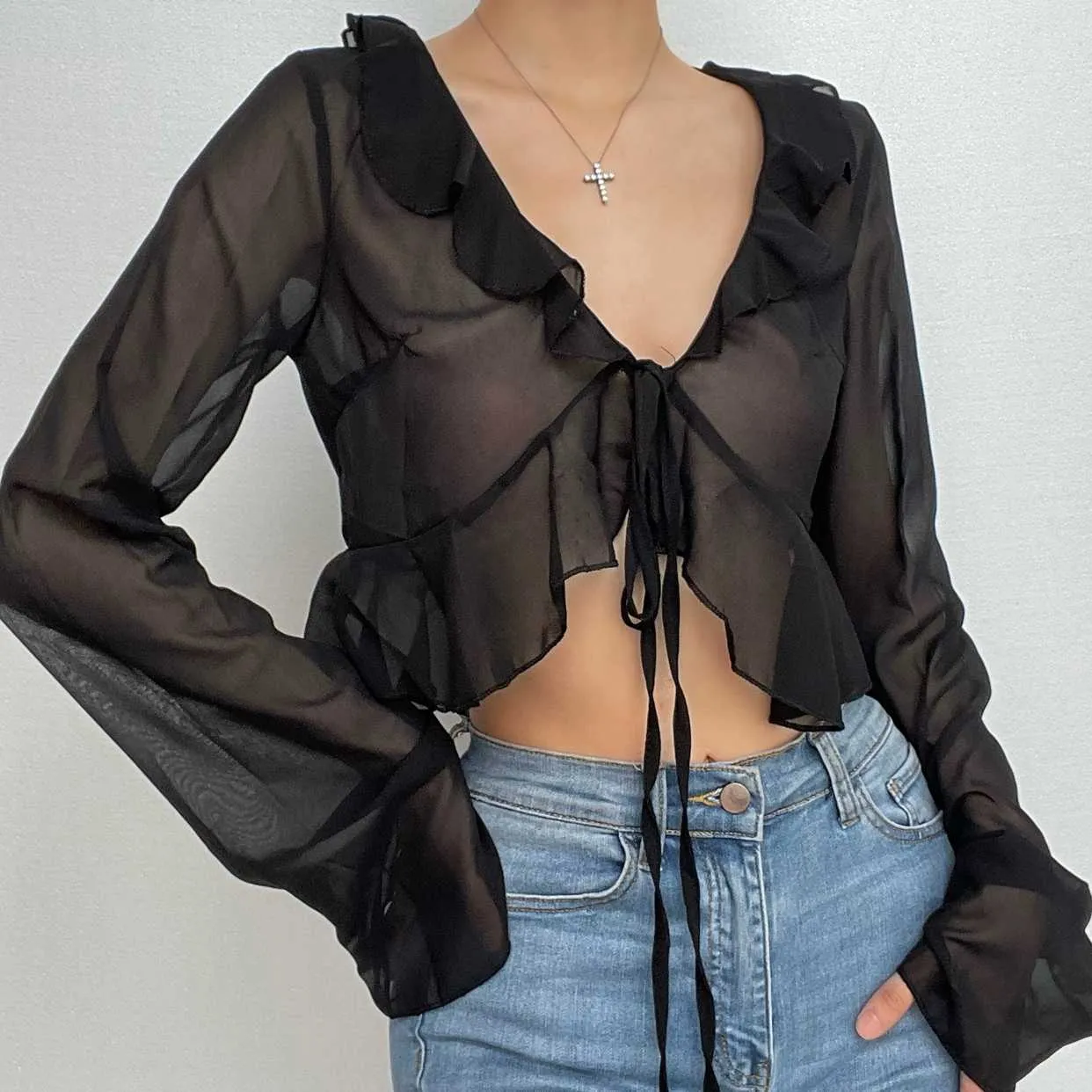 Chiffon see through ruffled long sleeve top