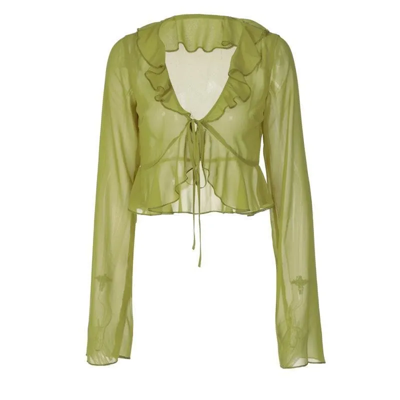 Chiffon see through ruffled long sleeve top