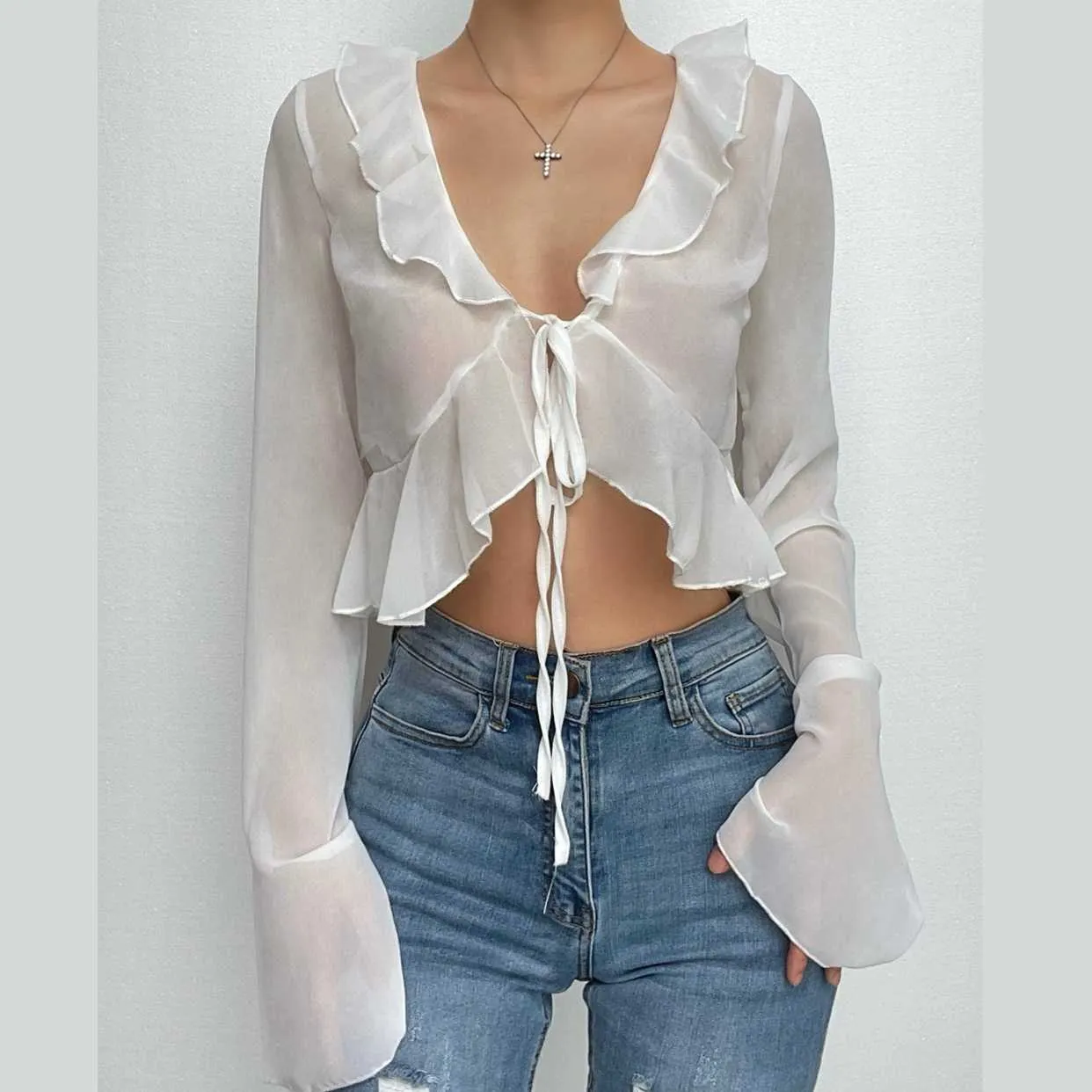 Chiffon see through ruffled long sleeve top