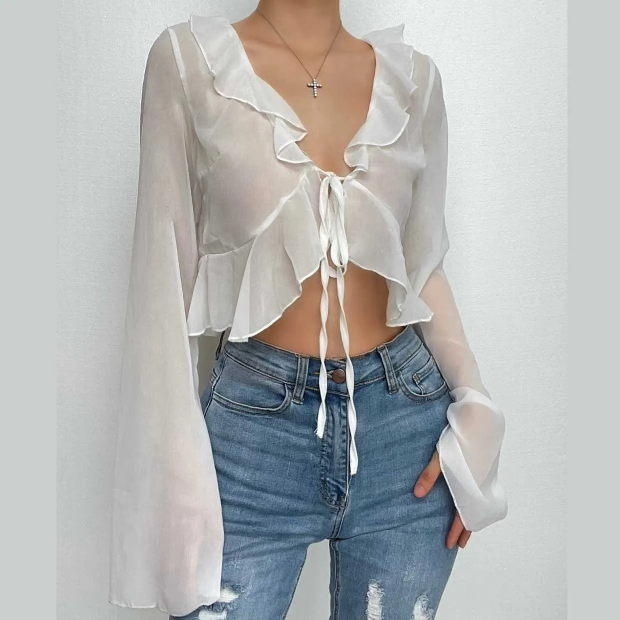 Chiffon see through ruffled long sleeve top