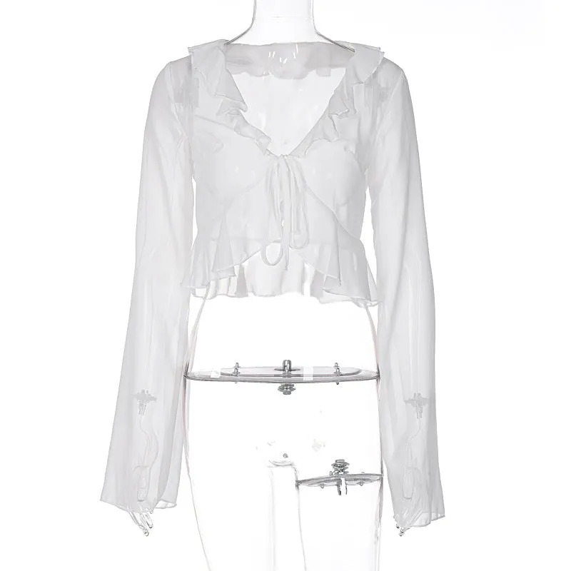 Chiffon see through ruffled long sleeve top