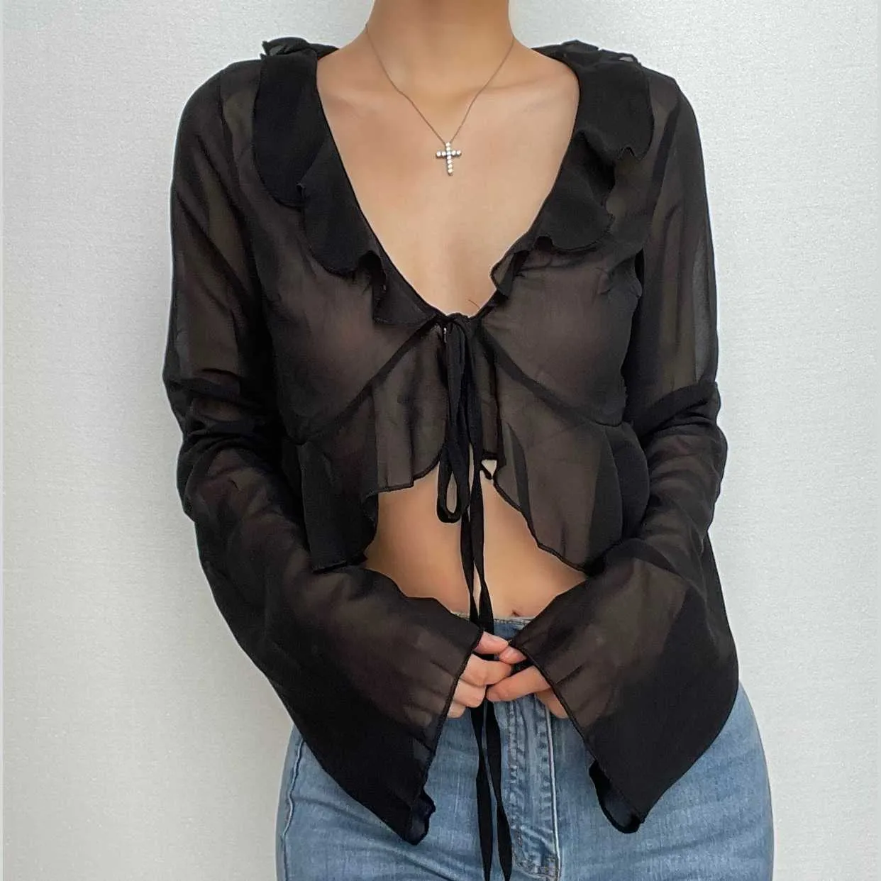 Chiffon see through ruffled long sleeve top