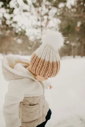 Child and Toddler Size Ribbed Knit Colorblock Peruvian Wool Hat with Faux Fur Pom Pom (More Colors Available)