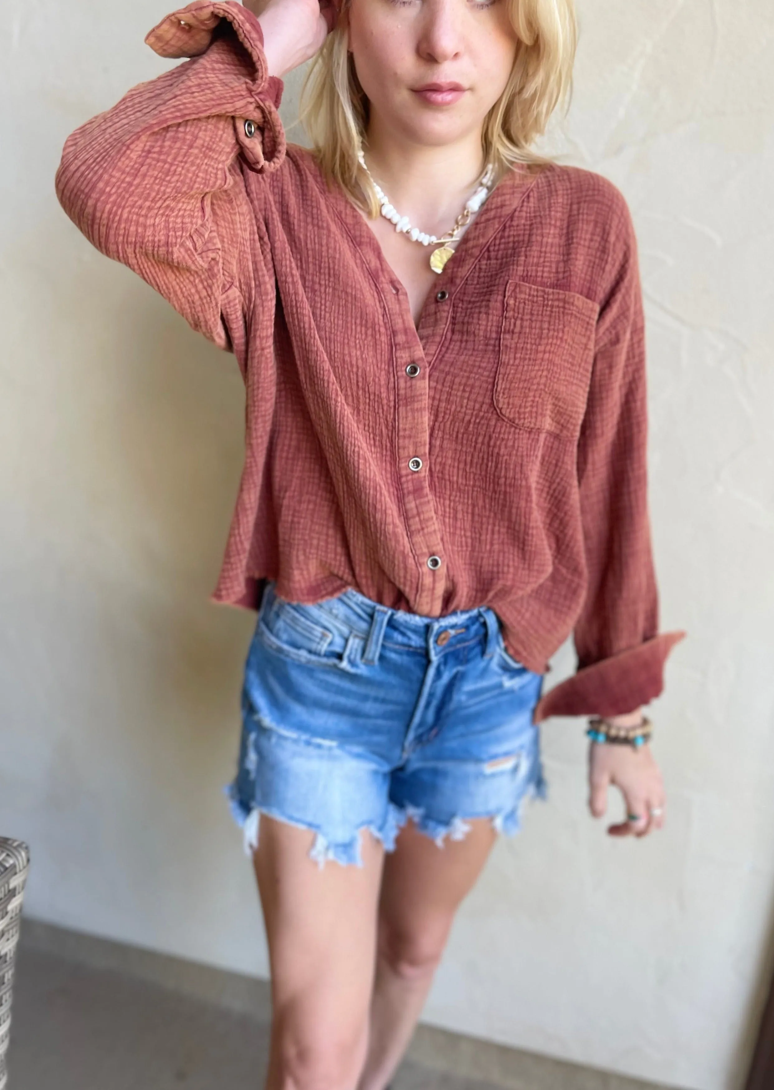 Cinnamon Mineral Washed Cotton Gauze Top~FINAL SALE