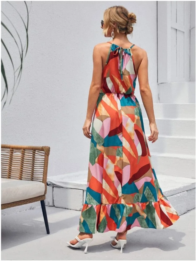 Colorful Boho Summer Halter Maxi Dress