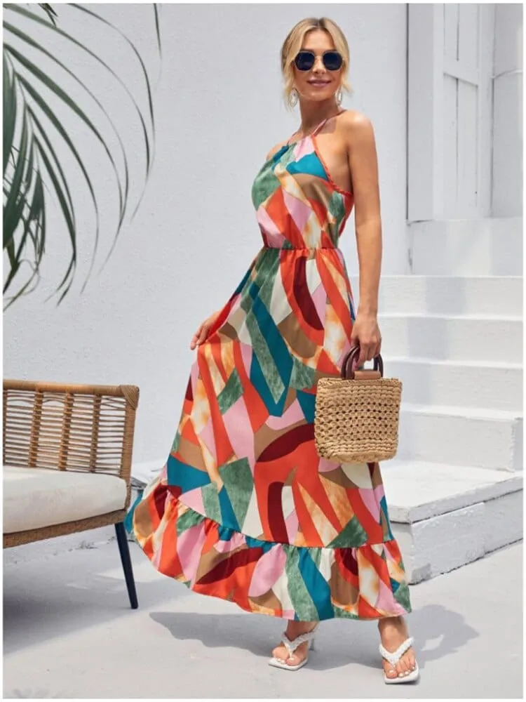 Colorful Boho Summer Halter Maxi Dress