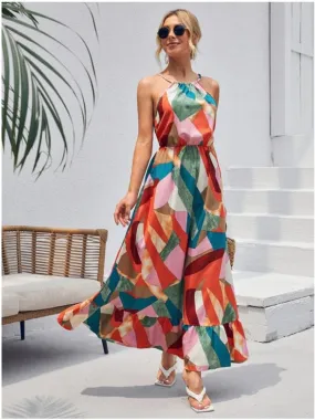 Colorful Boho Summer Halter Maxi Dress