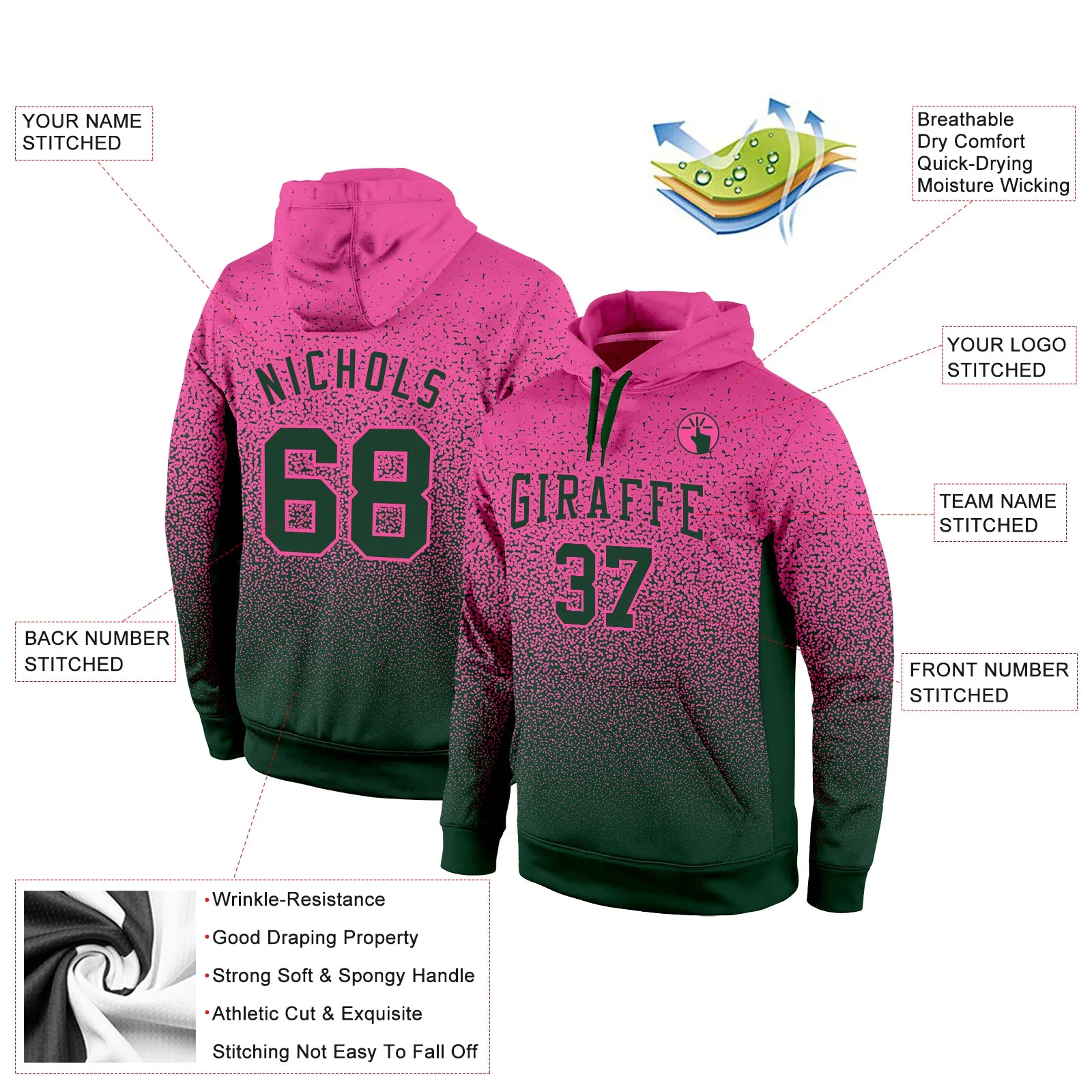 Custom Stitched Pink Green Fade Fashion Sports Pullover Sweatshirt Hoodie