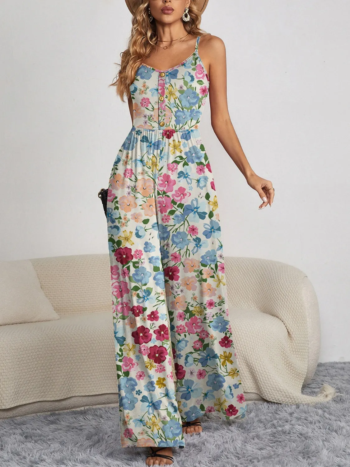 Decorative Button Spaghetti Strap Wide Leg Jumpsuit