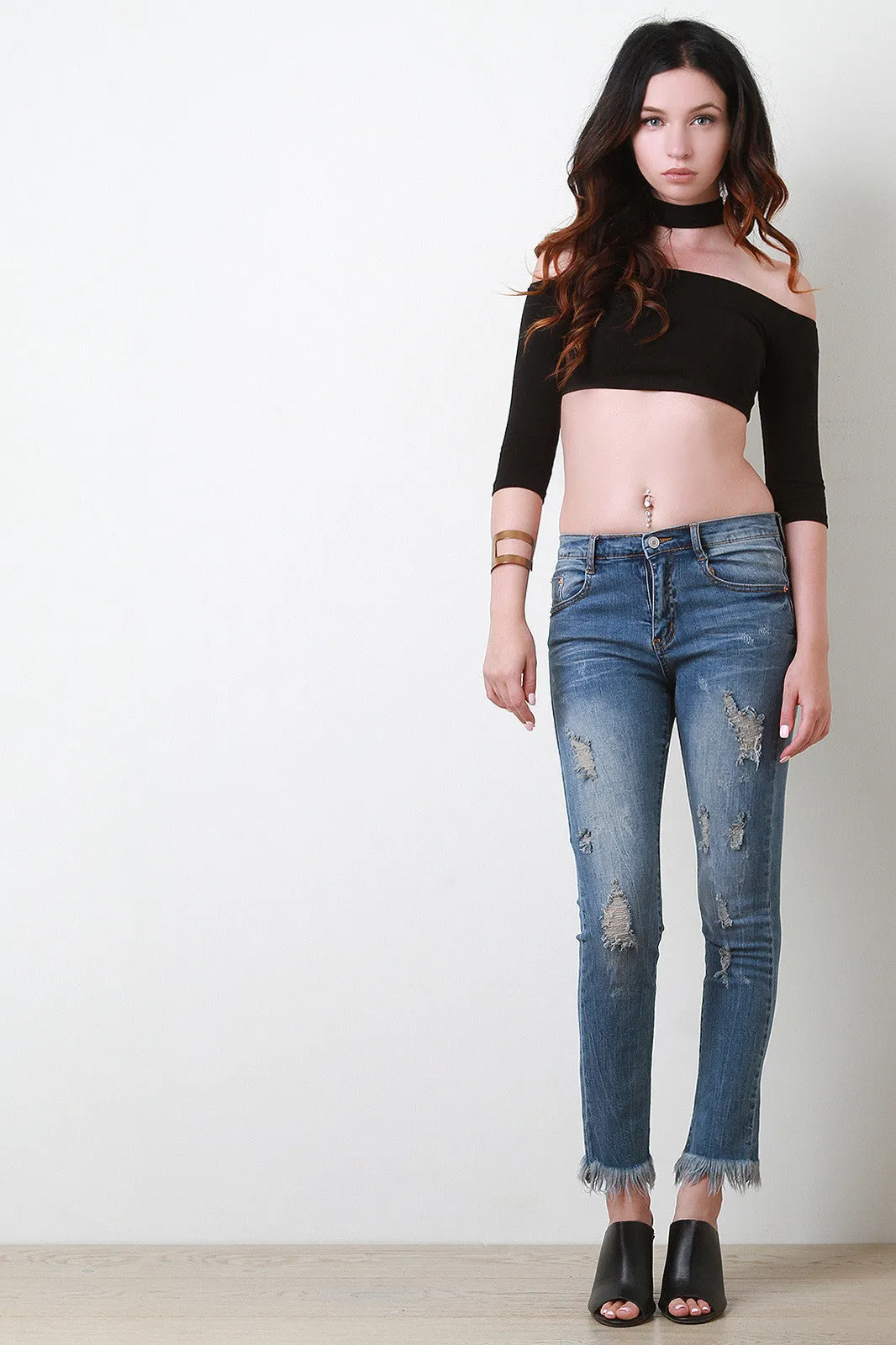 Distress Fringe Hem Denim Jeans