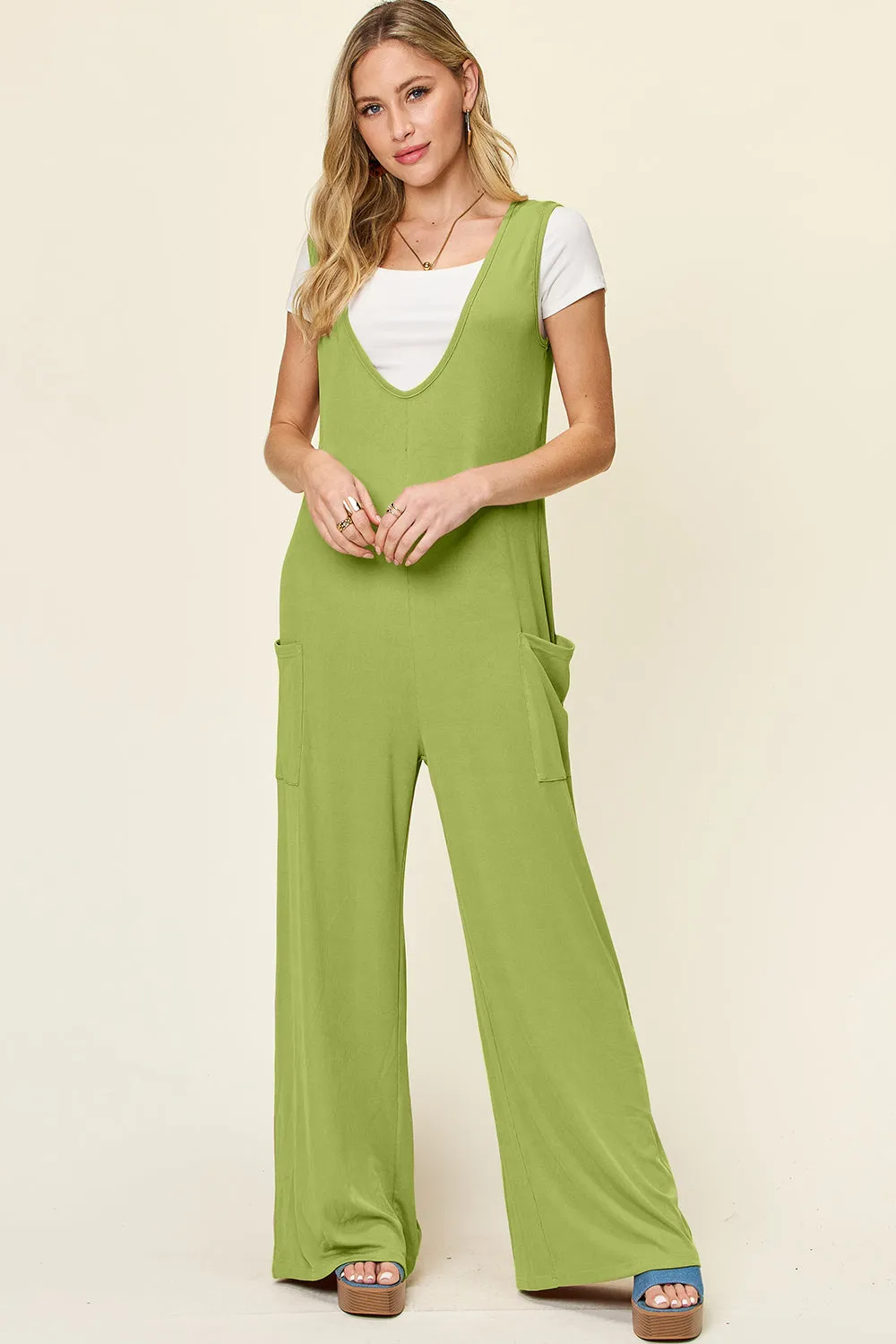 Double Take Full Size Sleeveless Wide Leg Jumpsuit with Pockets