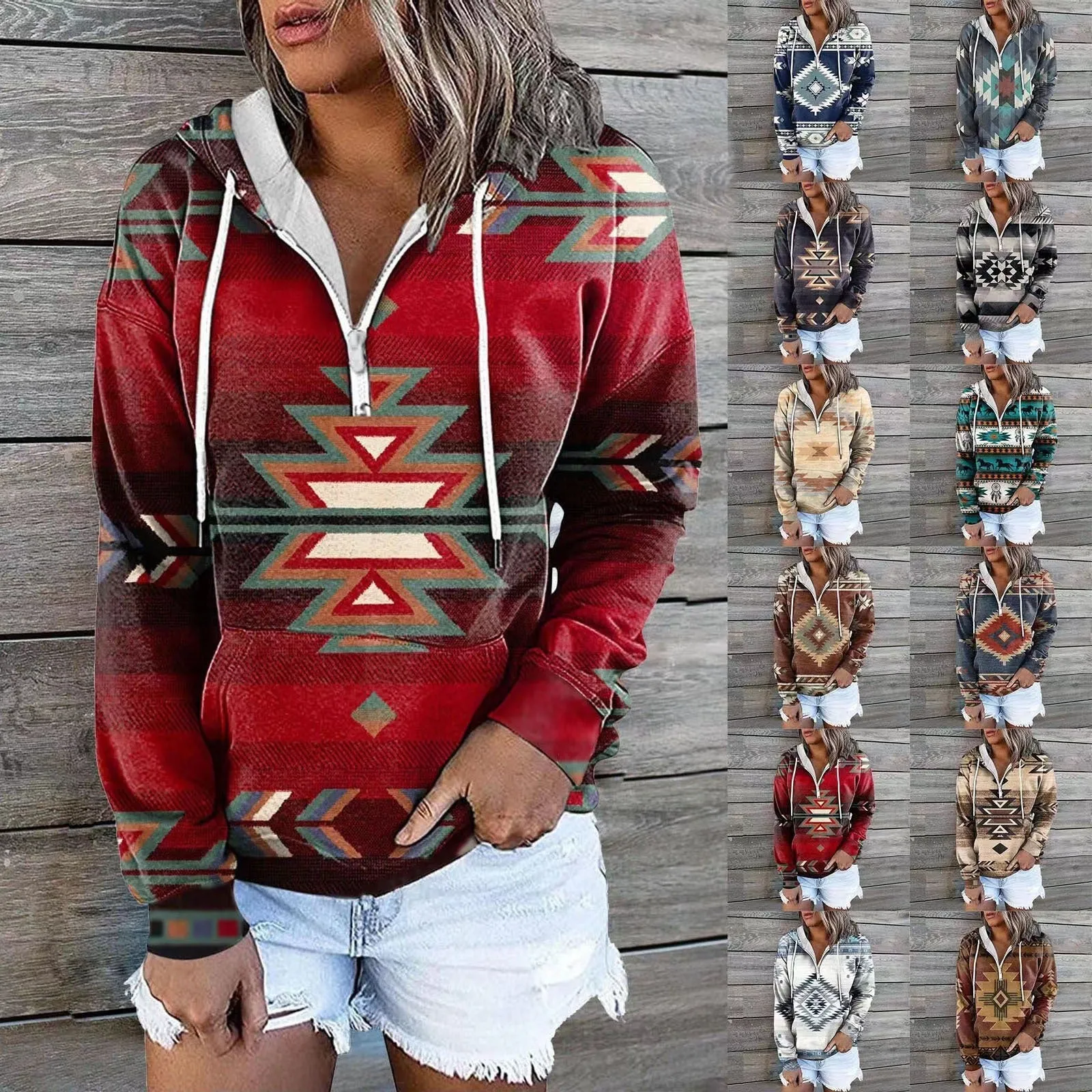 Ethnic Tribe Print 1/4 Zip Pullover Hoodie for Women (11 styles)