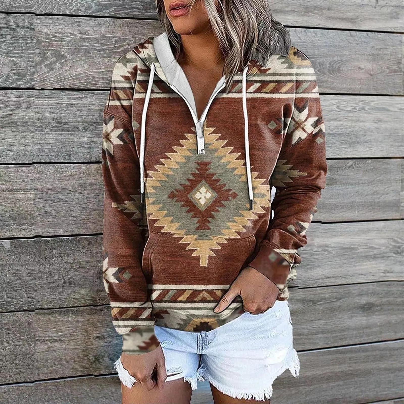 Ethnic Tribe Print 1/4 Zip Pullover Hoodie for Women (11 styles)