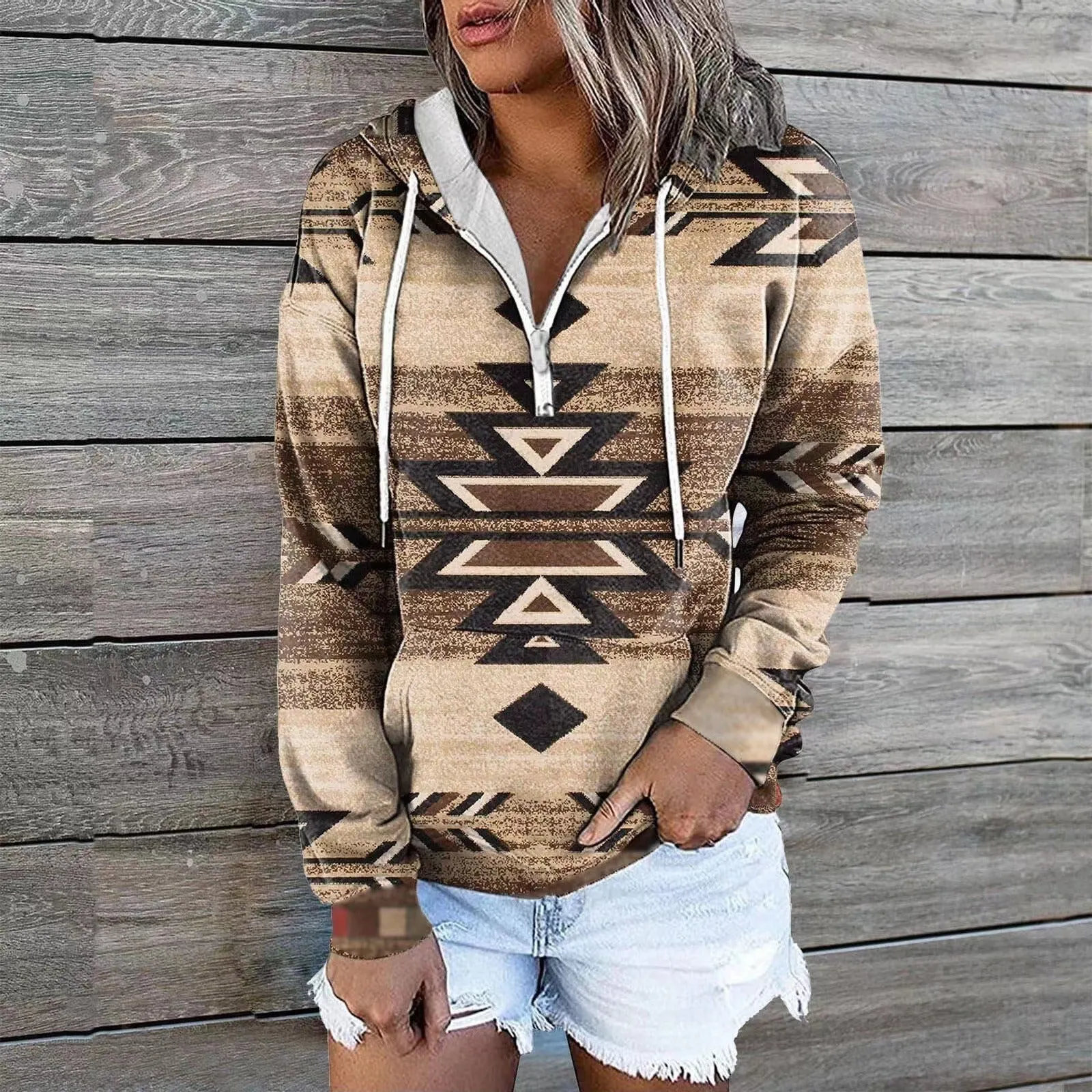 Ethnic Tribe Print 1/4 Zip Pullover Hoodie for Women (11 styles)