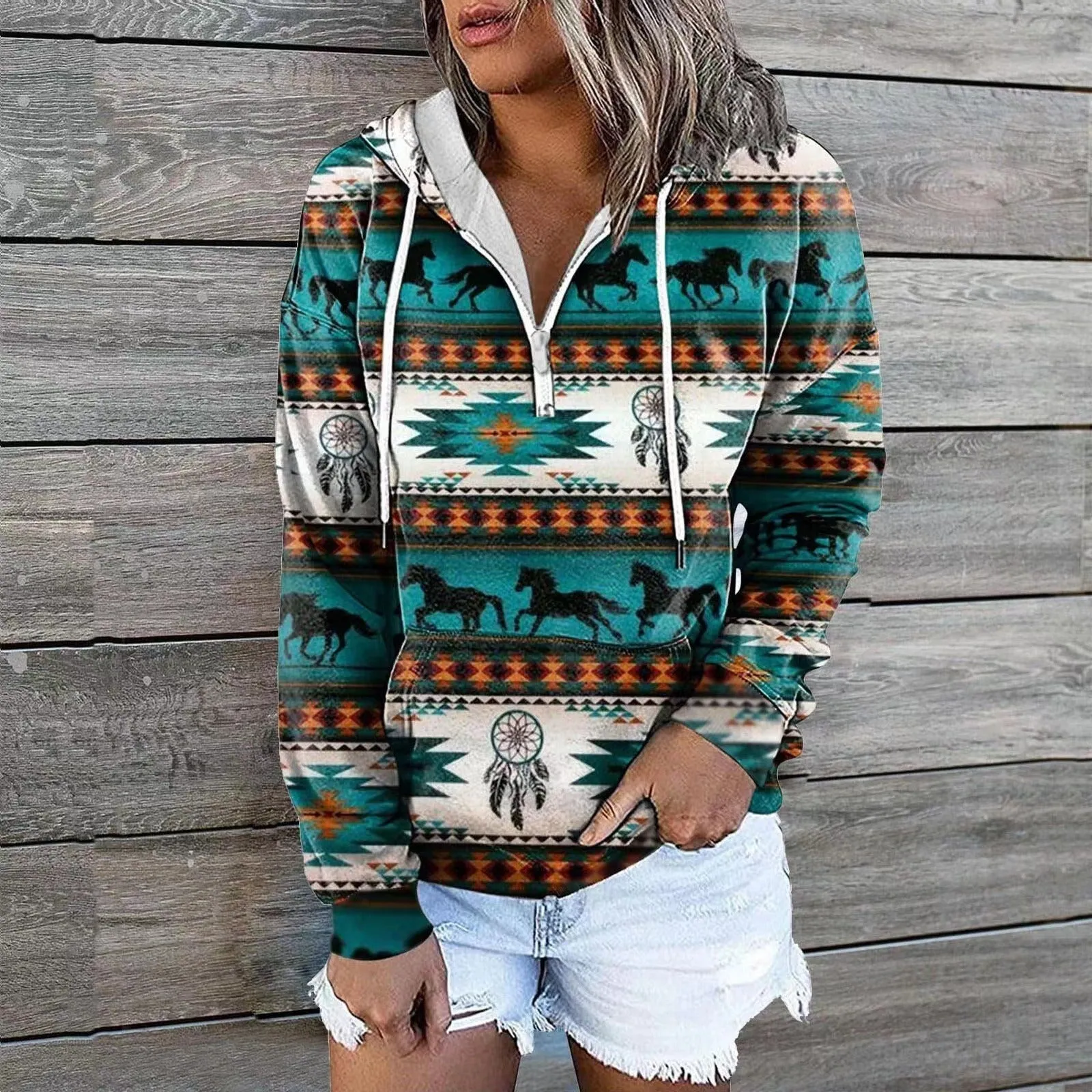 Ethnic Tribe Print 1/4 Zip Pullover Hoodie for Women (11 styles)