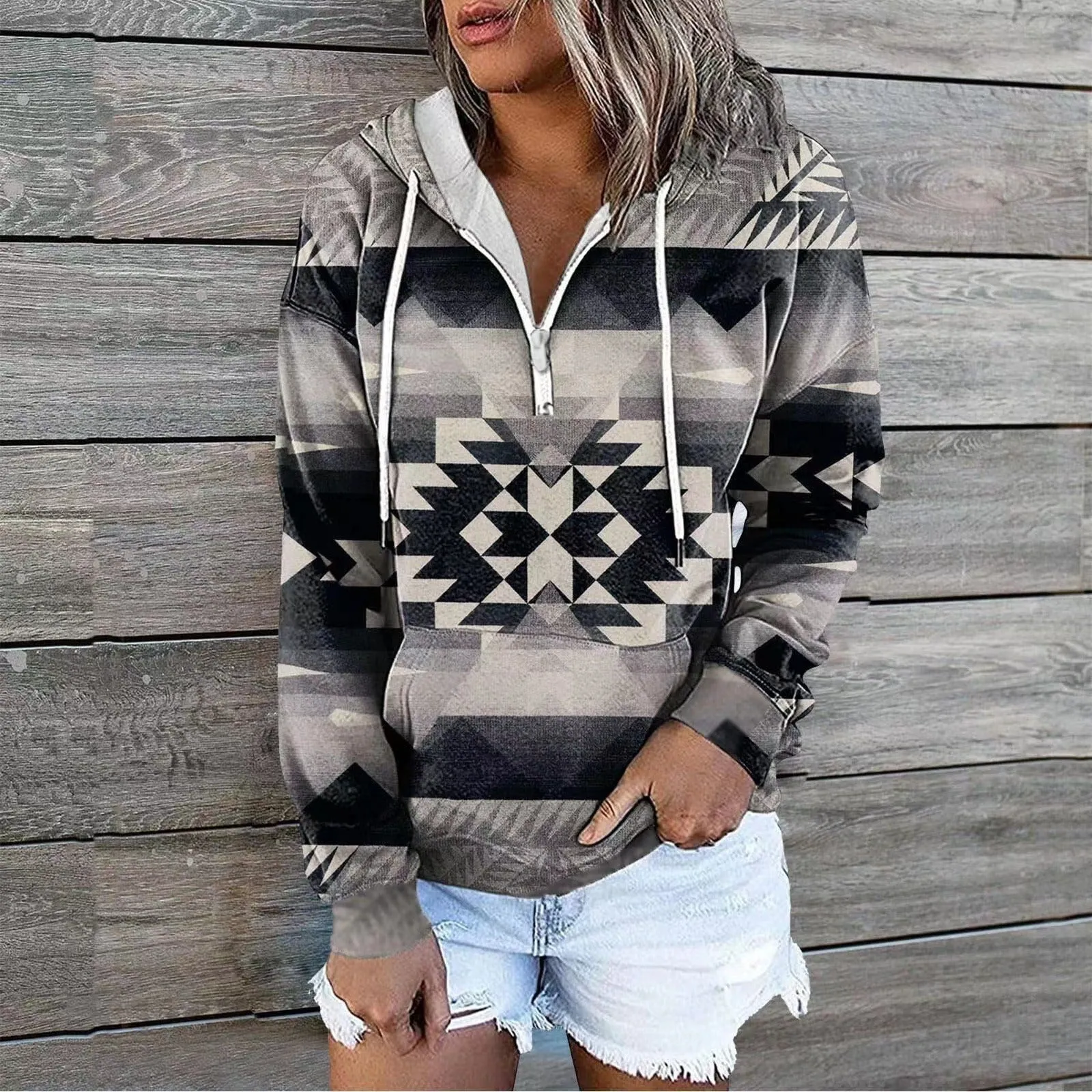 Ethnic Tribe Print 1/4 Zip Pullover Hoodie for Women (11 styles)