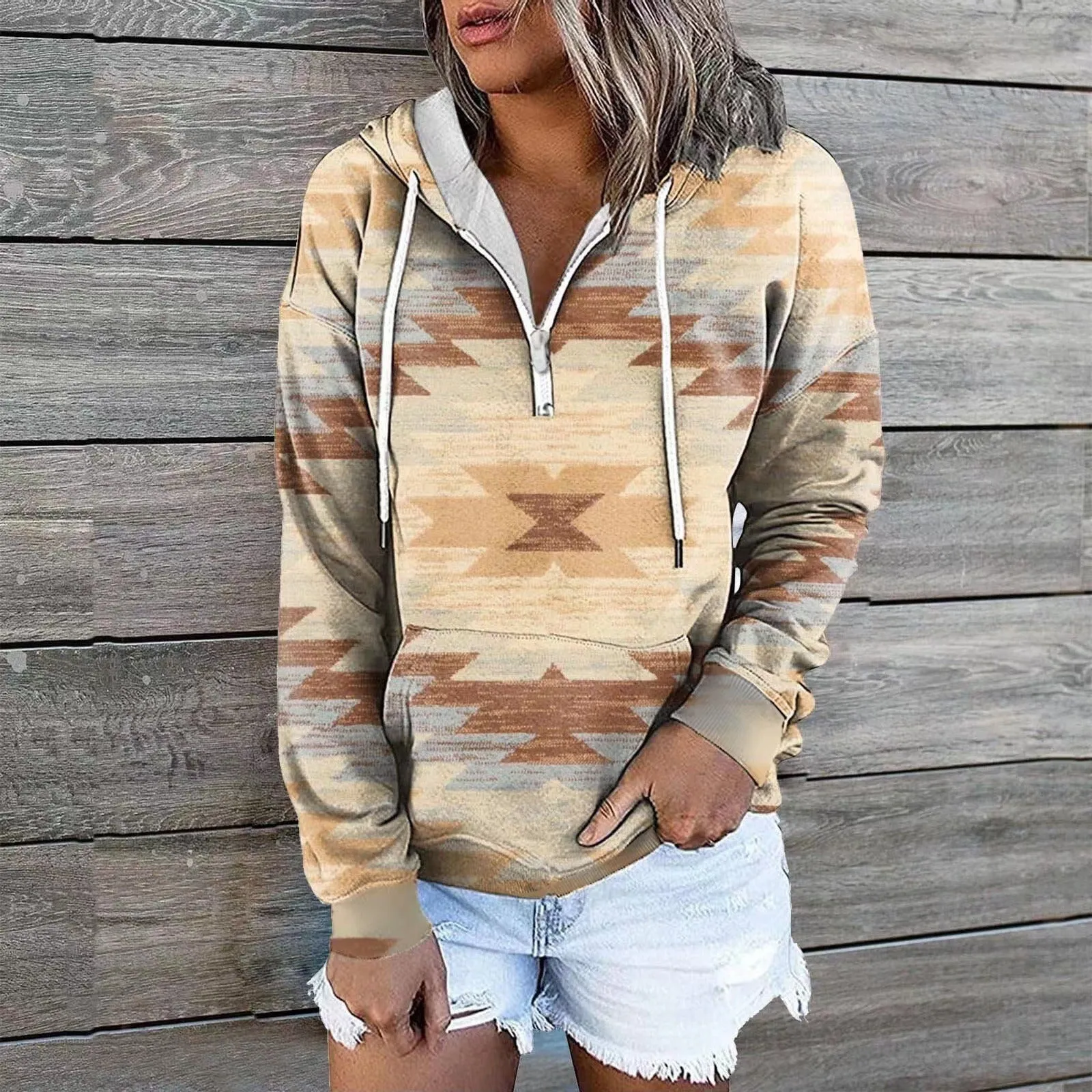 Ethnic Tribe Print 1/4 Zip Pullover Hoodie for Women (11 styles)