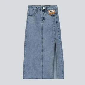 Exposed label long denim skirt