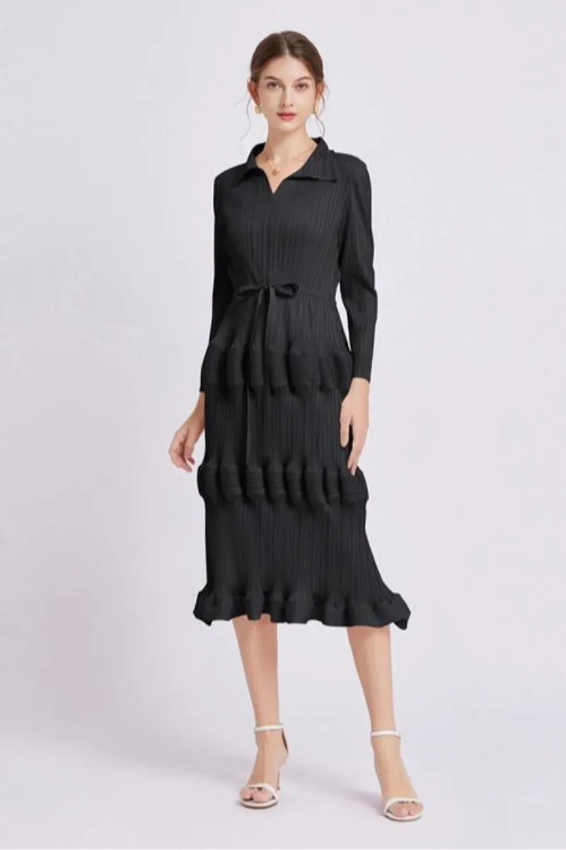 Fashion Dress Mid Waist Pleated Slim Fit Lantern Dress