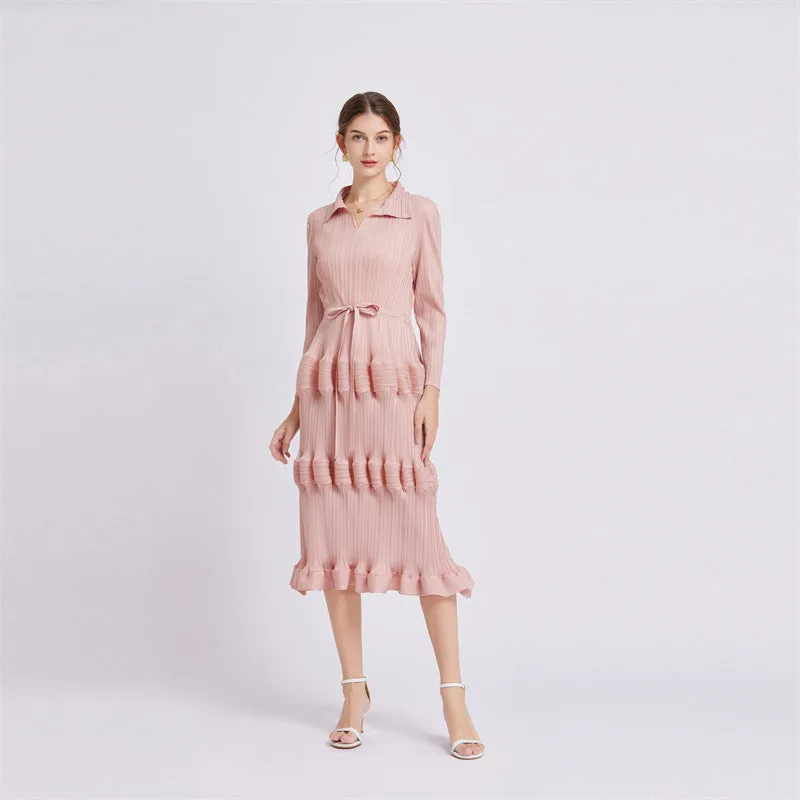 Fashion Dress Mid Waist Pleated Slim Fit Lantern Dress