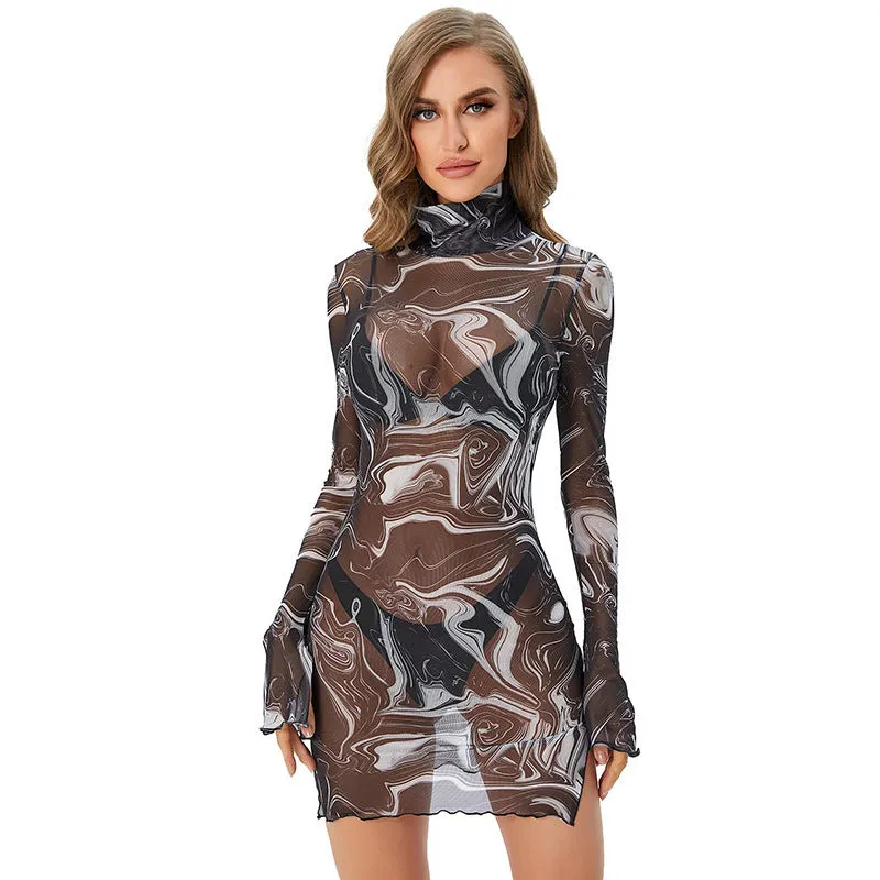 Fashionkova cherry blossom dress to impress Women's Clothing Summer New Printed Turtleneck Long Sleeve Mesh Sheath Casual Dress Women