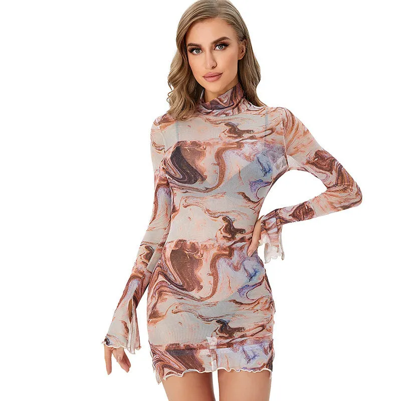 Fashionkova cherry blossom dress to impress Women's Clothing Summer New Printed Turtleneck Long Sleeve Mesh Sheath Casual Dress Women