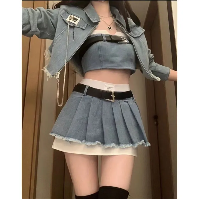 Fashionkova korean fashion Sweet Cool Hot Girl American Retro Denim Suit Spring and Summer Short Coat Tube Top High Waist Pleated Skirt Pure Desire Suit