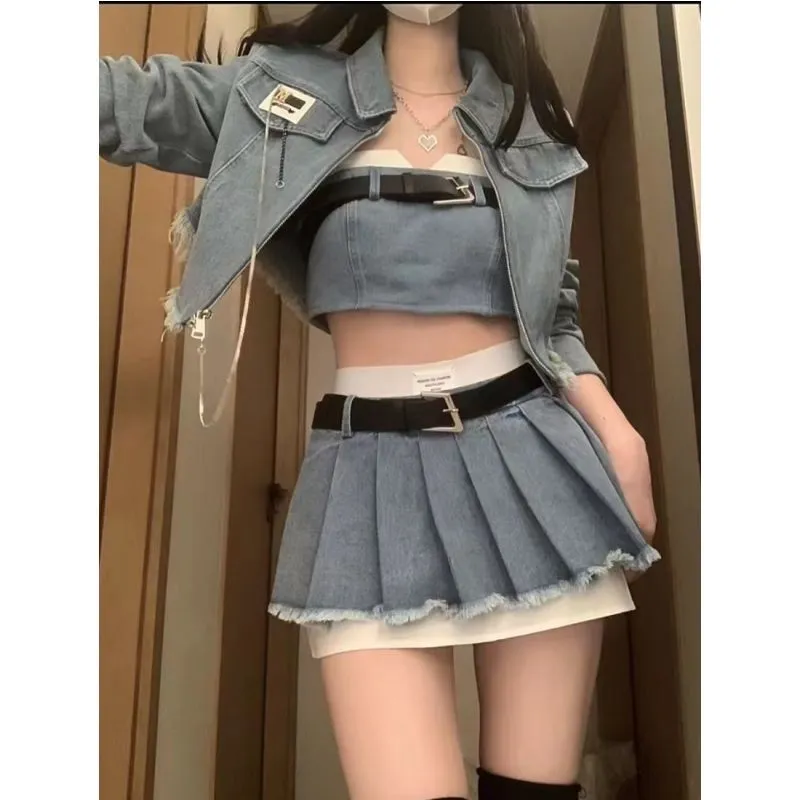 Fashionkova korean fashion Sweet Cool Hot Girl American Retro Denim Suit Spring and Summer Short Coat Tube Top High Waist Pleated Skirt Pure Desire Suit