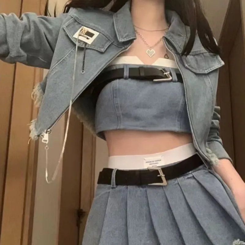 Fashionkova korean fashion Sweet Cool Hot Girl American Retro Denim Suit Spring and Summer Short Coat Tube Top High Waist Pleated Skirt Pure Desire Suit