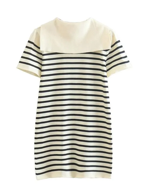 Female Striped Knitting Mini Dresses Spring Autumn Elegant Sailor Collar Dress Short Sleeve