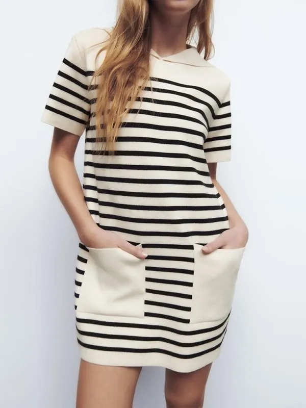 Female Striped Knitting Mini Dresses Spring Autumn Elegant Sailor Collar Dress Short Sleeve