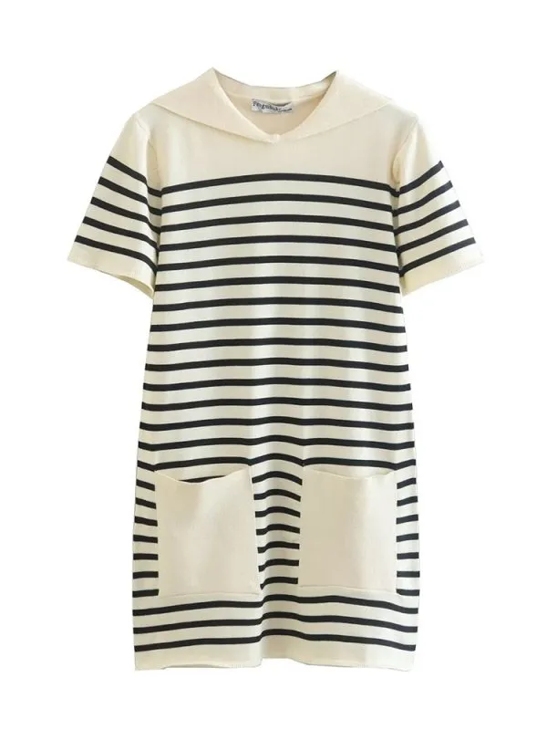 Female Striped Knitting Mini Dresses Spring Autumn Elegant Sailor Collar Dress Short Sleeve