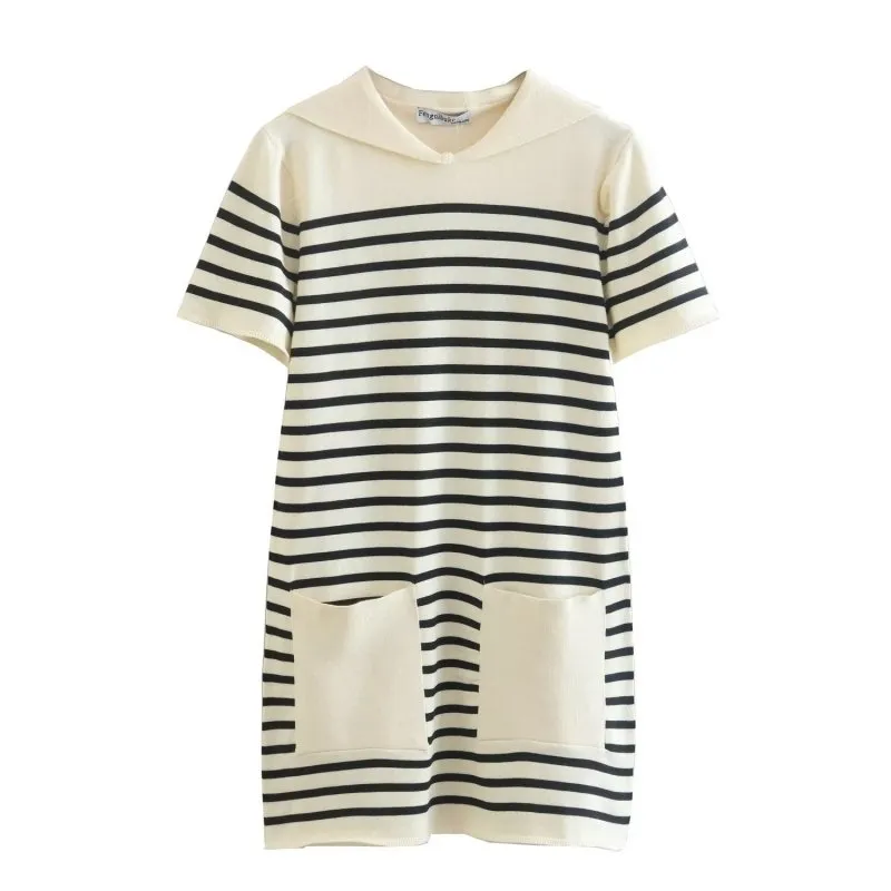 Female Striped Knitting Mini Dresses Spring Autumn Elegant Sailor Collar Dress Short Sleeve