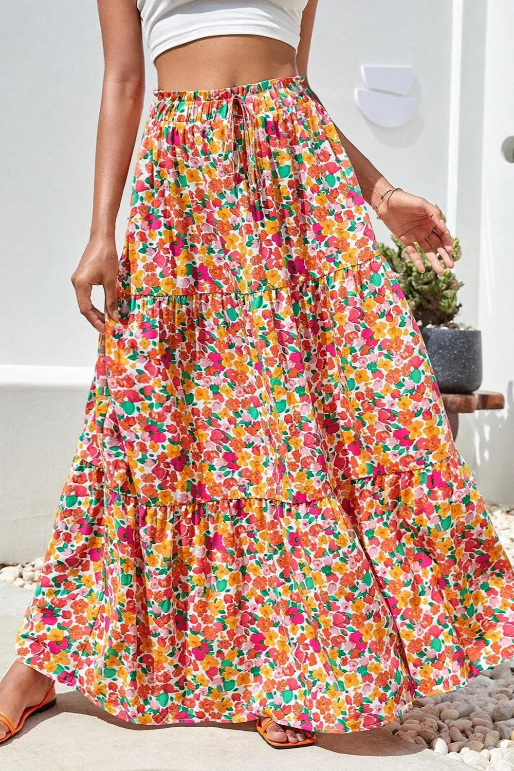 Floral Printed Elastic Waist Maxi Skirt Casual Long Skirt Women's fashion