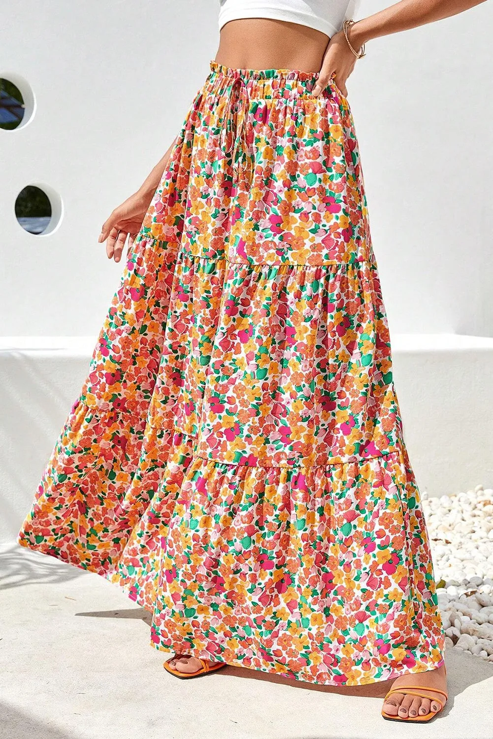 Floral Printed Elastic Waist Maxi Skirt Casual Long Skirt Women's fashion