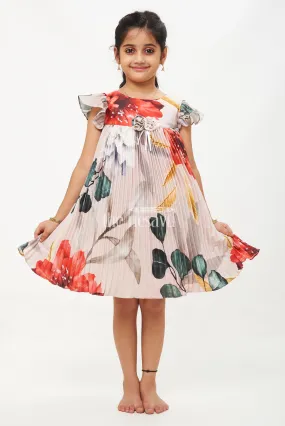 Floral Printed Satin Pleated Frock with Flutter Sleeves for Girls