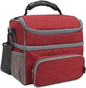 FlowFly Double Layer Cooler Insulated Lunch Bag Adult Lunch Box Large Tote Bag for Men, Women, With Adjustable Strap,Front Pocket and Dual Large Mesh Side Pockets,Red