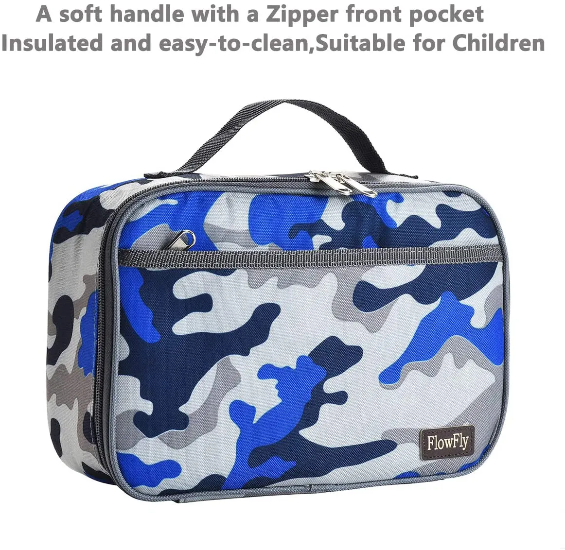 FlowFly Kids Lunch box Insulated Soft Bag Mini Cooler Back to School Thermal Meal Tote Kit for Girls, Boys, Camo, with Free US Flag Patch