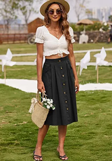 Girlary-shop 2000s fashion Spring and Summer New Skirt Casual Button A- line Skirt High Waist Midi Skirt Women's Clothing