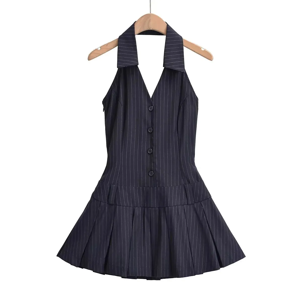 Girlary-shop harajuku fashion dress to impress American Hot Girl Artistic Halter V-neck Striped A- line Skirt Low Waist Pleated Dress Slim Slimming Backless