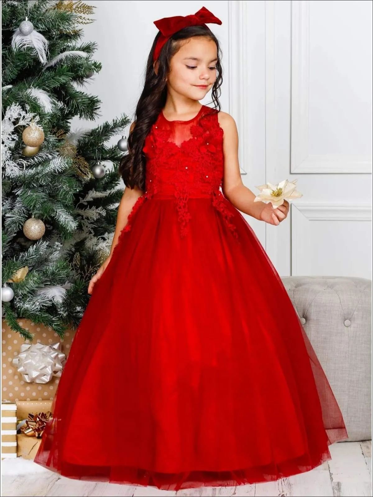 Girls Chiffon Floral Applique Holiday Dress