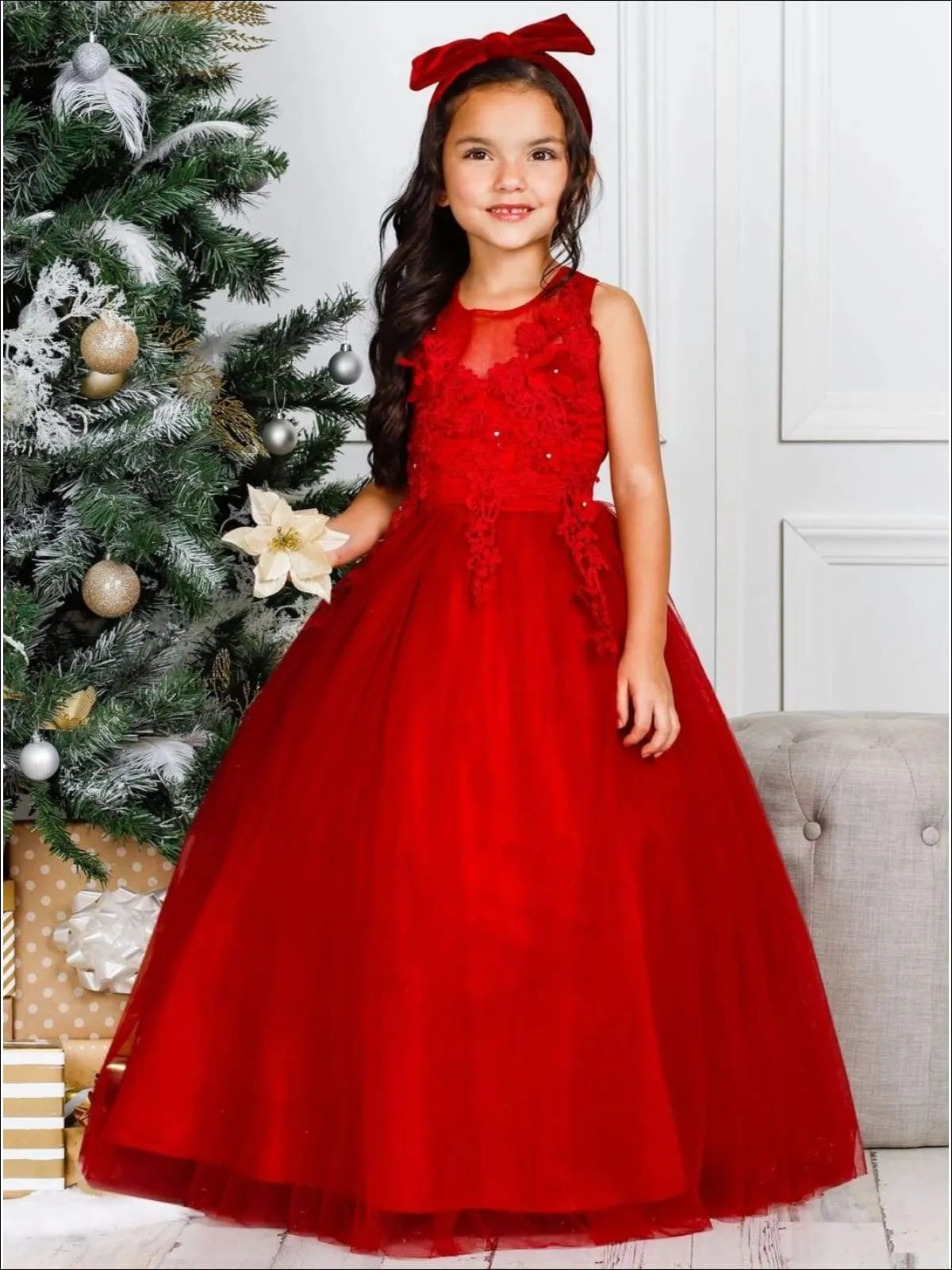 Girls Chiffon Floral Applique Holiday Dress