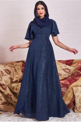 Goddiva Modesty Lurex Flutter Sleeve Maxi - Navy