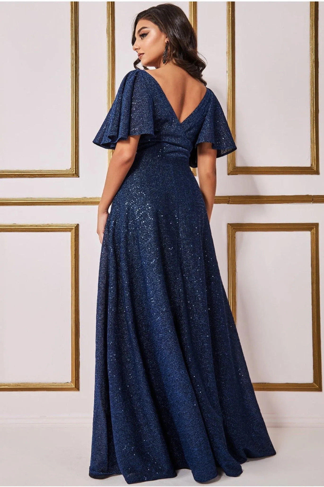 Goddiva Sequin Lurex Flutter Sleeve Maxi Dress - Navy