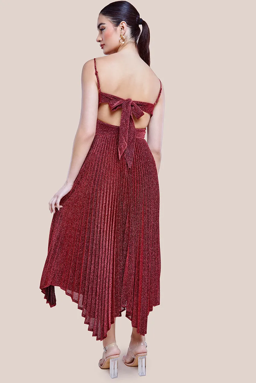 Goddiva Tie Back Pleated Lurex Skater Midi Dress - Burgundy