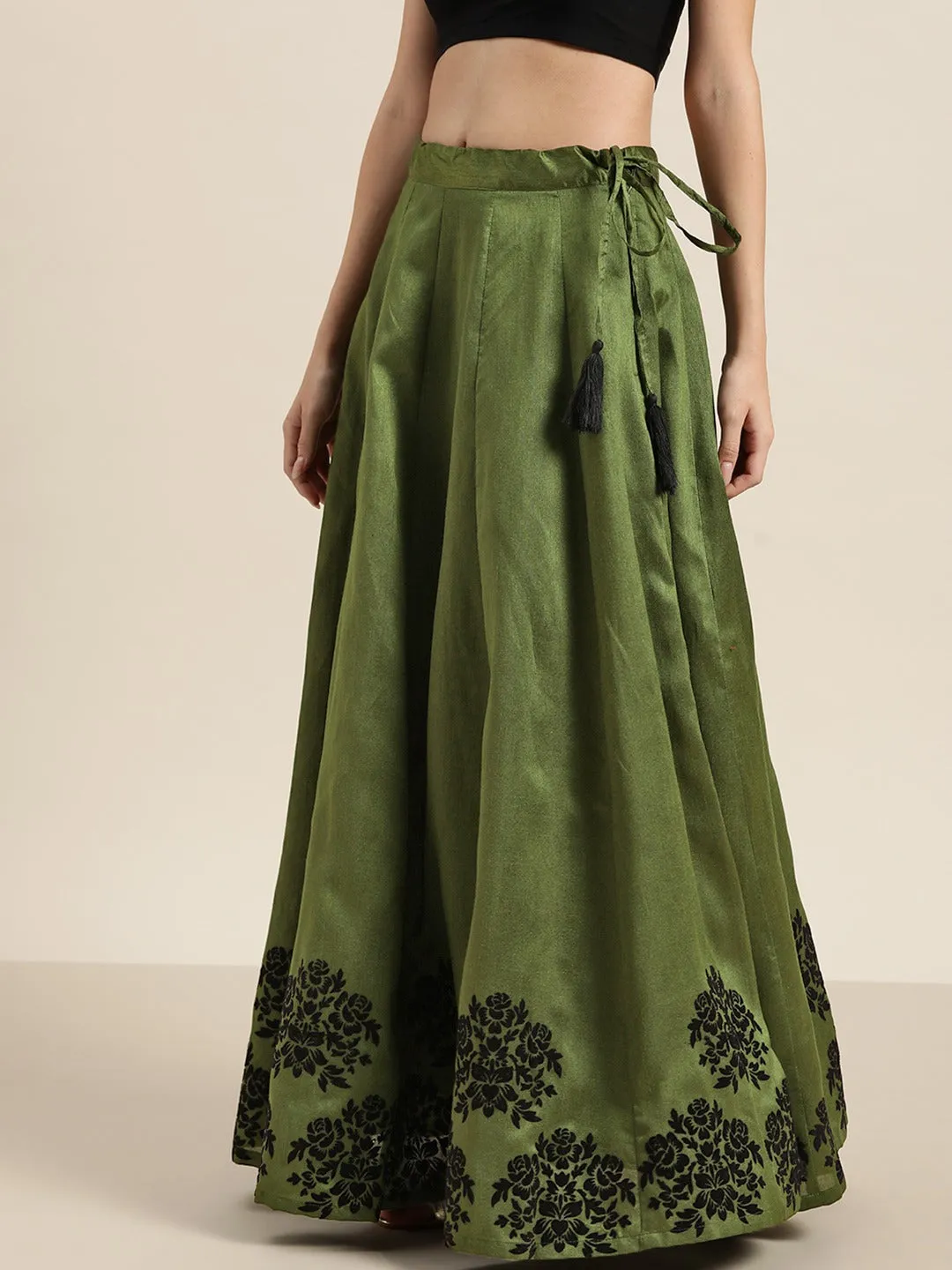 Green Flock Print Anarkali Skirt