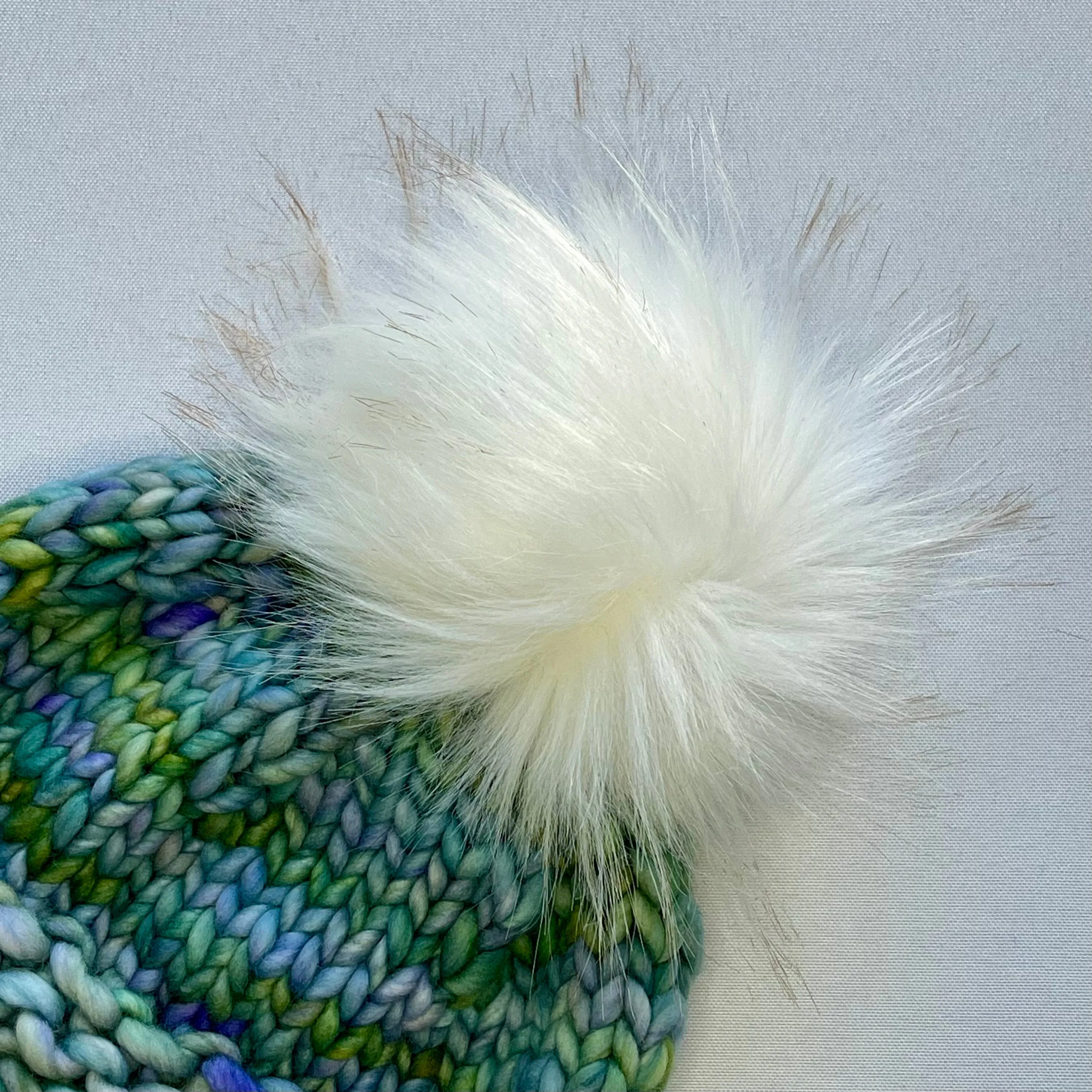 Green Multi-Color Luxury Merino Wool Knit Hat with Faux Fur Pom Pom